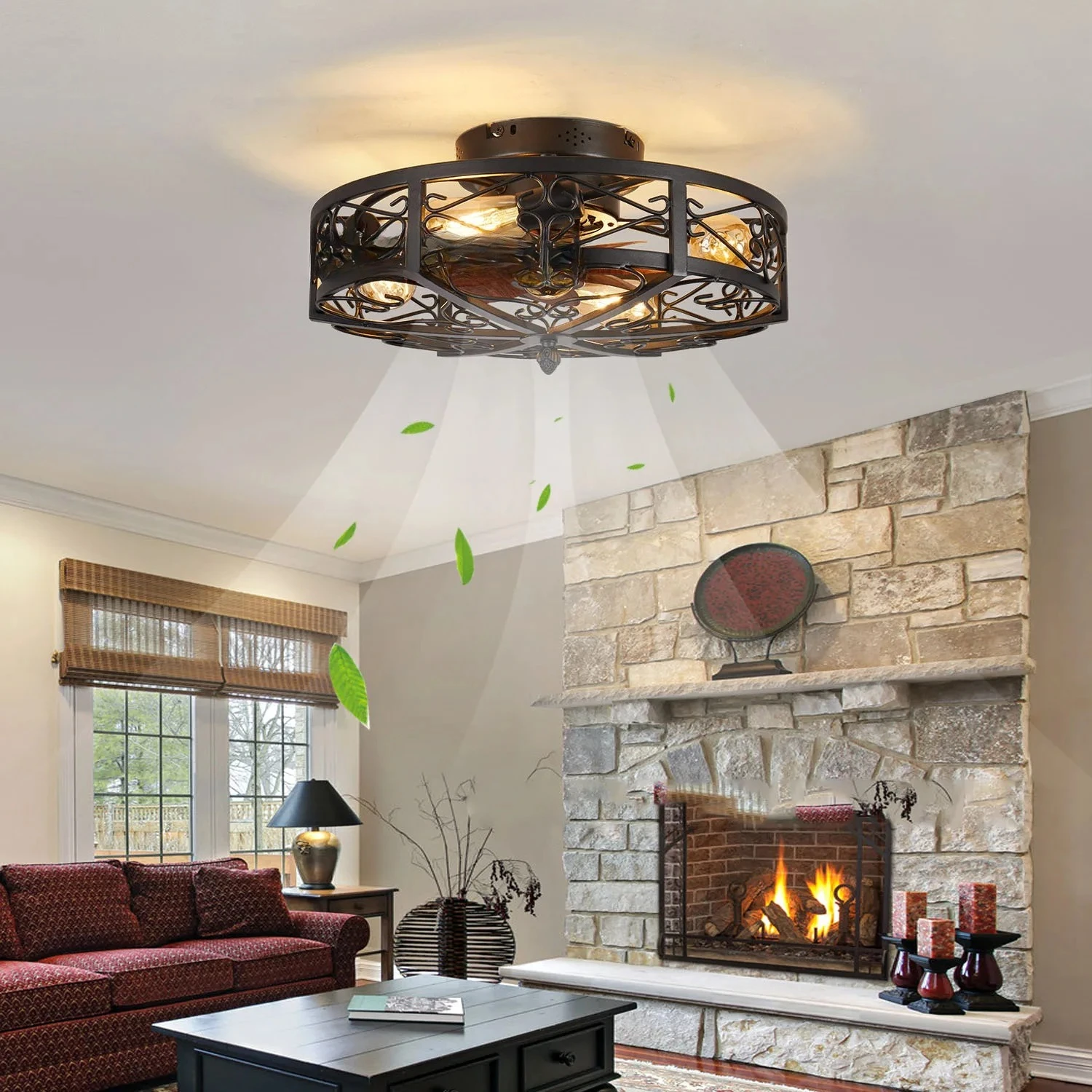 Modern Enclosed Flush Mount Ceiling Fan with Remote Control Rustic Ceiling Fan with Light Reversible Motor for Hallway, Kitchen