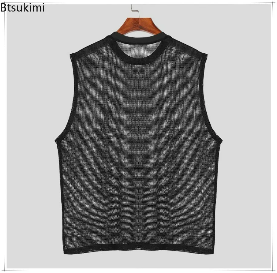 

New Summer Men's Clothing Trend Knit Hollow Out Tank Tops O Neck Sleeveless Mesh Sexy See Sheer Breathable Tops Male Streetwear