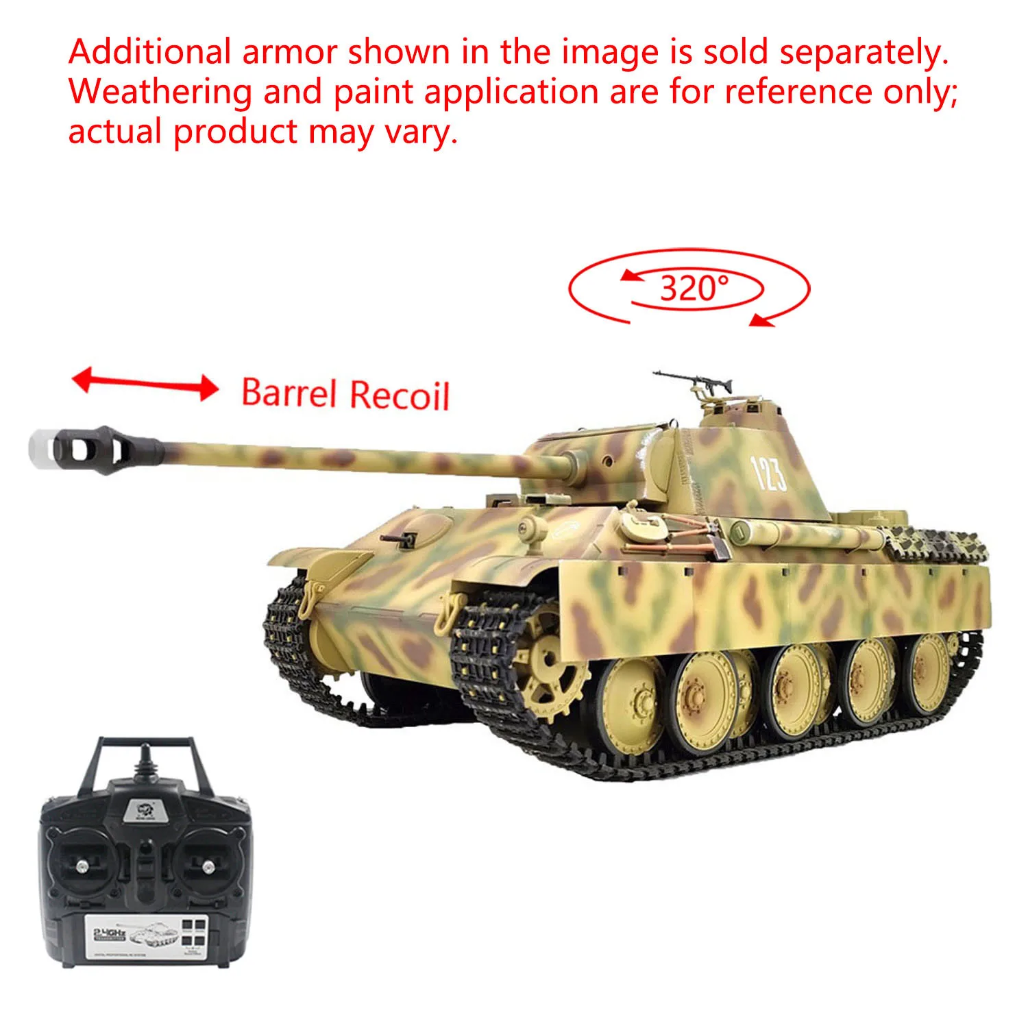

Henglong RTR 1/16 7.0 RC Tank Panther G 3879 Steel Gearbox BB IR Sound Smoking 2.4G Radio 1800MAH Battery 320 Degree