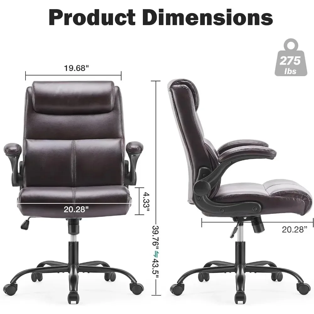 Cadeira ergonômica de escritório com braço dobrável e apoio lombar, costas médias, tarefa de couro PU, rodas giratórias de 360 °, cadeiras de mesa marrons