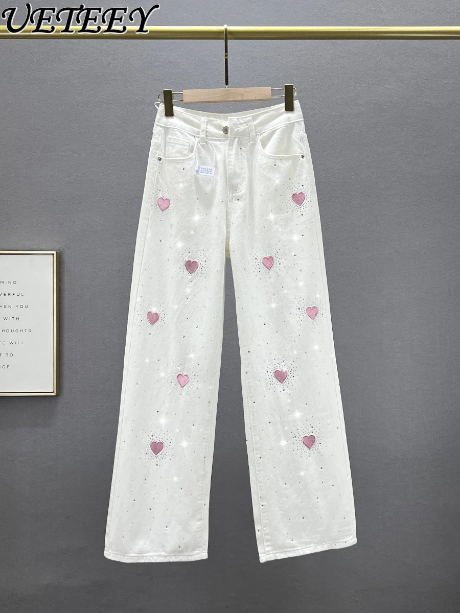 White Wide-Leg Jeans Women's Thin New Summer High Waist Loose and Slimming Pants European Goods Hot Rhinestone Mop Trousers