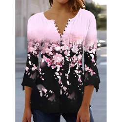 Camiseta con botones y cuello en V para mujer, Top con estampado 3D, ropa de calle suelta, ropa informal, nueva moda de verano