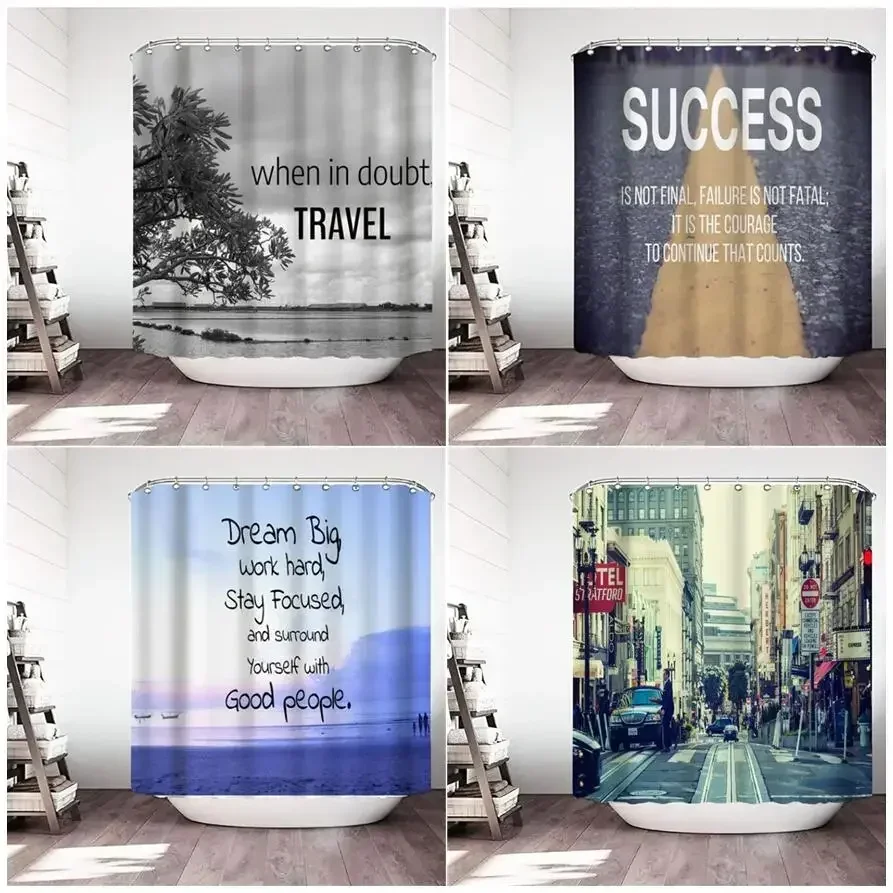 Inspirational Shower Curtains Quotes Aphorisms Ocean Retro City Nature Scenery Print Bath Curtain Cloth Bathroom Decor Set Hooks