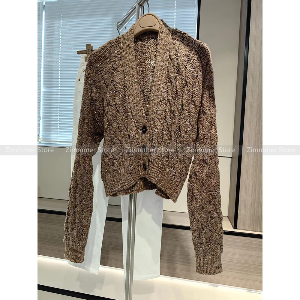 Women\'s 2024 autumn and winter new silk linen blended V-neck braided short knitted cardigan sweater