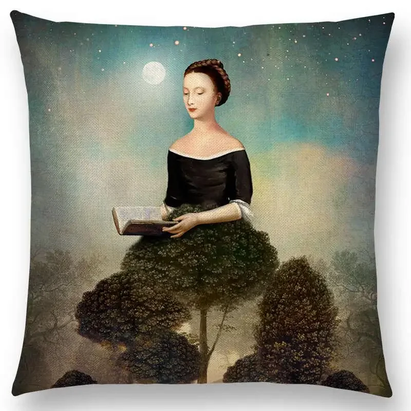 Home Decoration Elegant Lady Cute Girl Fantasy Painting Moon Night Swan Dream Tree Cushion Cover Sofa Pillow Cover