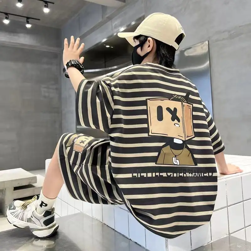 

Summer Boys Letter stripe TShirts+Shorts 2Pcs Gentleman Kids Suit Children Outfit Fashion Casual Sets Handsome Cool Streetwear