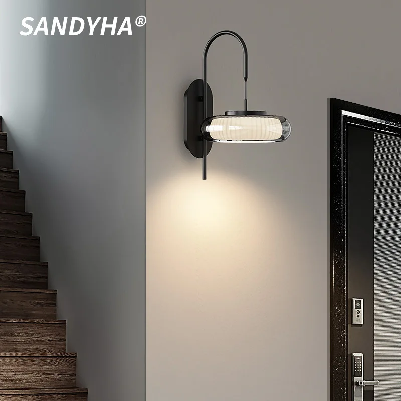 Lámparas de pared negras minimalistas italianas para sala de estar, luz de cristal creativa moderna, luces de noche de ambiente para pasillo de entrada y dormitorio