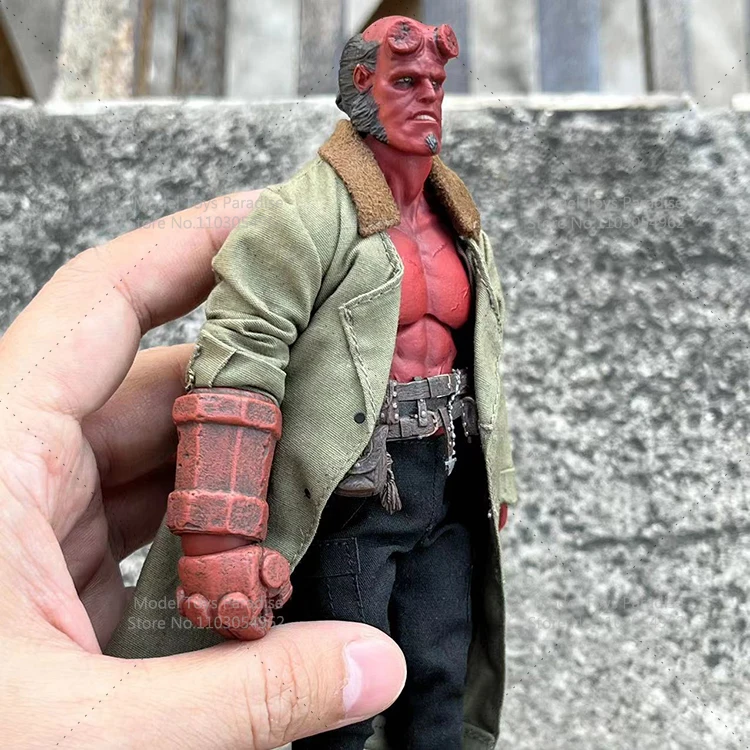 Cabeza de Hellboy esculpida a escala 1/12, superhéroe rojo, cabeza de soldado para hombres, tallada, cuerpo de figura de acción Mezco de 6 pulgadas