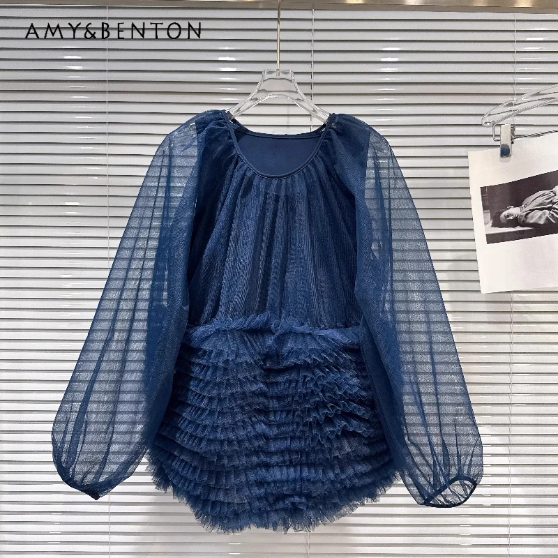 

2026 Spring New Women's Clothing Retro Design Sweet Multi-layered Ruffle Mesh Dresses Loose Long-sleeve Chiffon Blouse Ladies