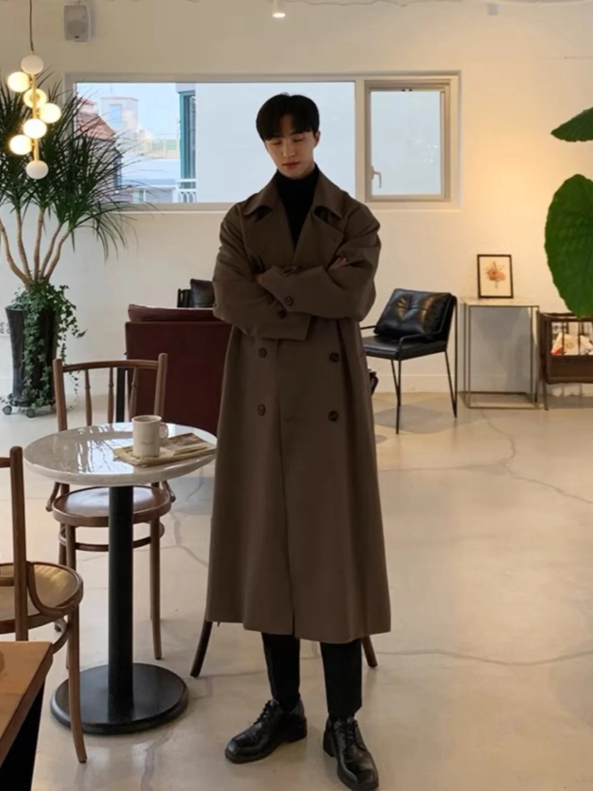 

Loose Men's Long Coat Double Row Button Style Spring Autumn Winter Fashionable Youthful Windbreaker Korean Version Couple's Coat