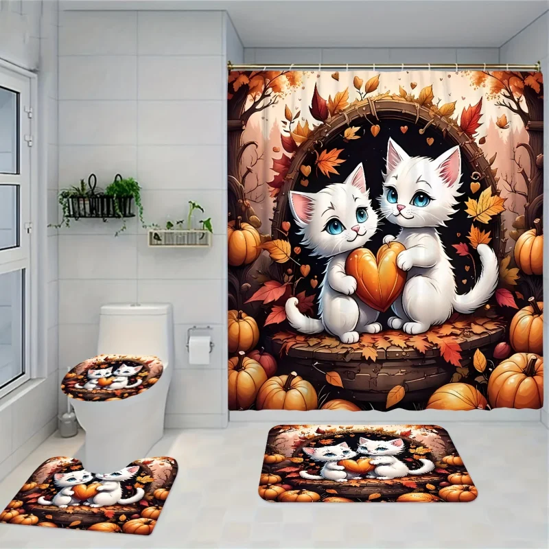 1pc/3pcs/4pcs Yellow Falling Leaves Love Kitten Bathroom Including Shower Curtain Three- Four-piece Set, for Autumn