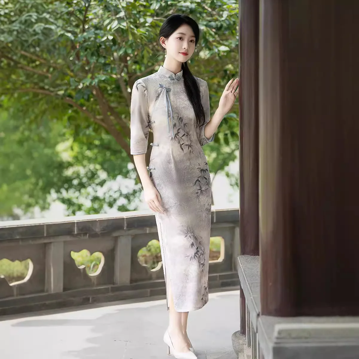 

Весенне-осенний модный китайский кимоно-платье (ципао) из бамбукового вельвета с рукавом три четверти, в стиле «снежинка»