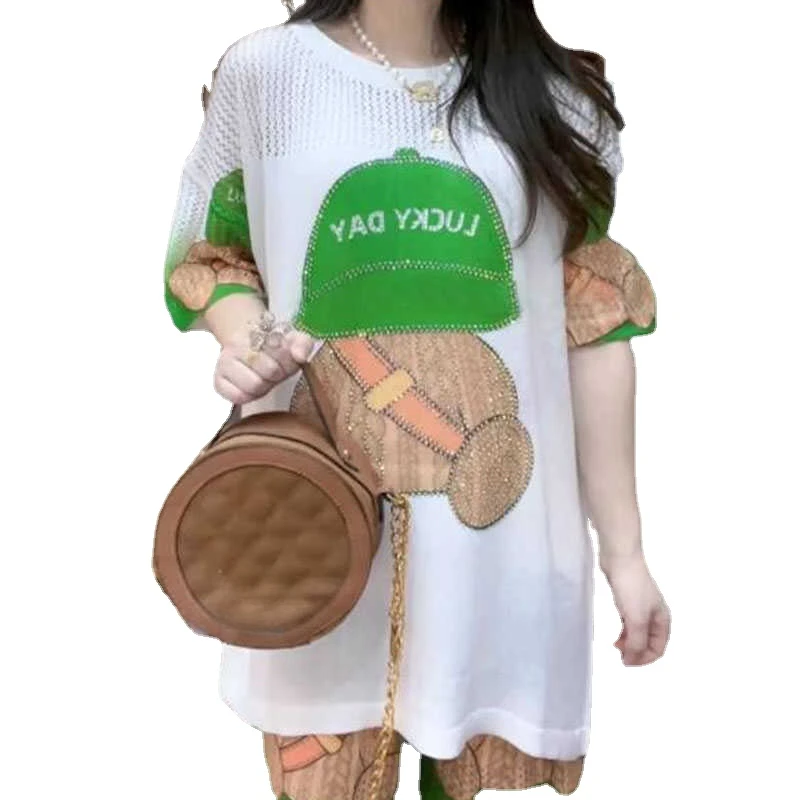 Cartoon Shorts Suit Women 2024 Summer New Backpack Hat Bear Hollow Rhinestone Short Sleeve T-shirt Loose Casual 2 Piece Sets