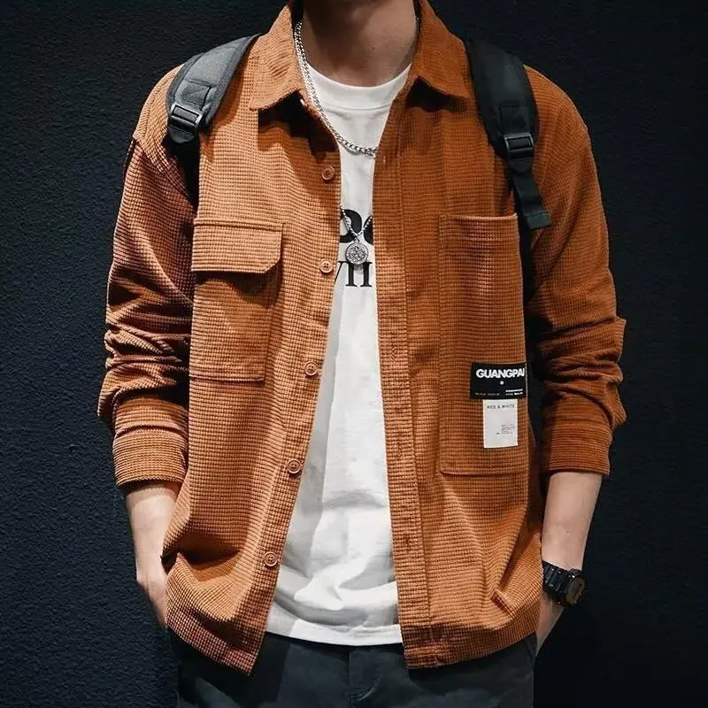 Street Casual Hipster Loose All-match Classic Lapel Long Sleeves Pocket Quilting Letter Men's Shirt Jacket Spring Autumn 2024