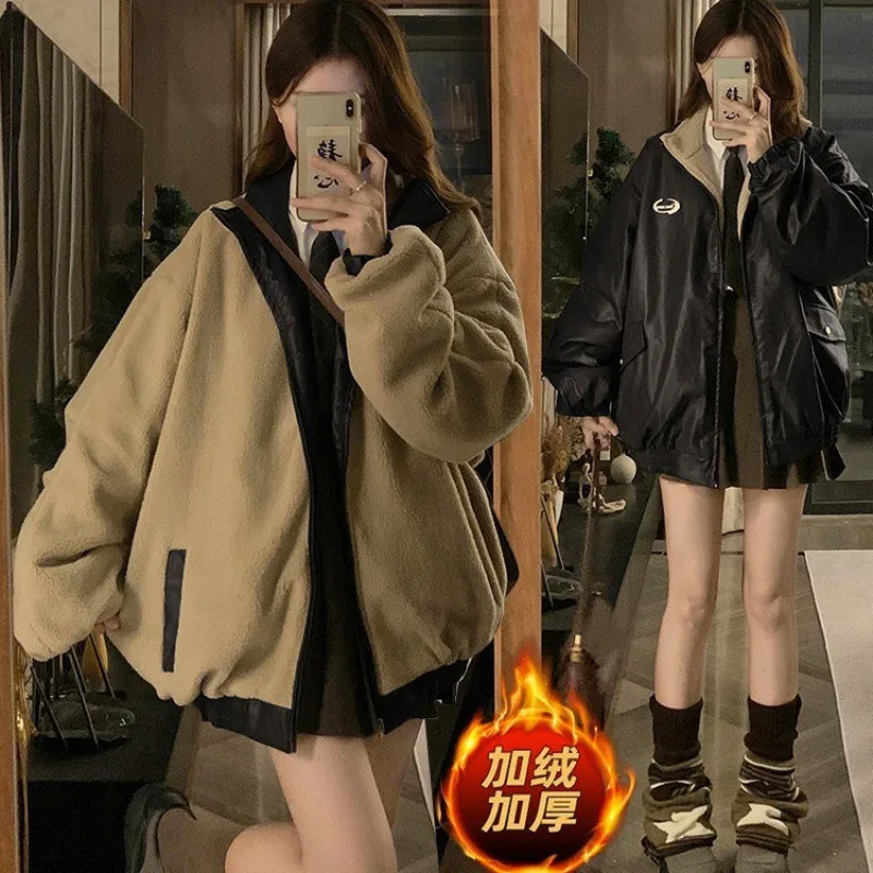 Fashion Leather Jacket Women Wear on Both Sides Lamb Fleece Coat Thickened  Windproof Cuff Warm Stand Collar Winter Cotton Coat