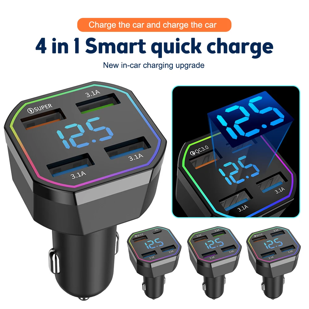 

66W Car Charger 4 Ports Fast Charging Car Phone Charger PD QC3.0 USB Type C Adapter DC12V-24V Charger for Phone Tablets Camera