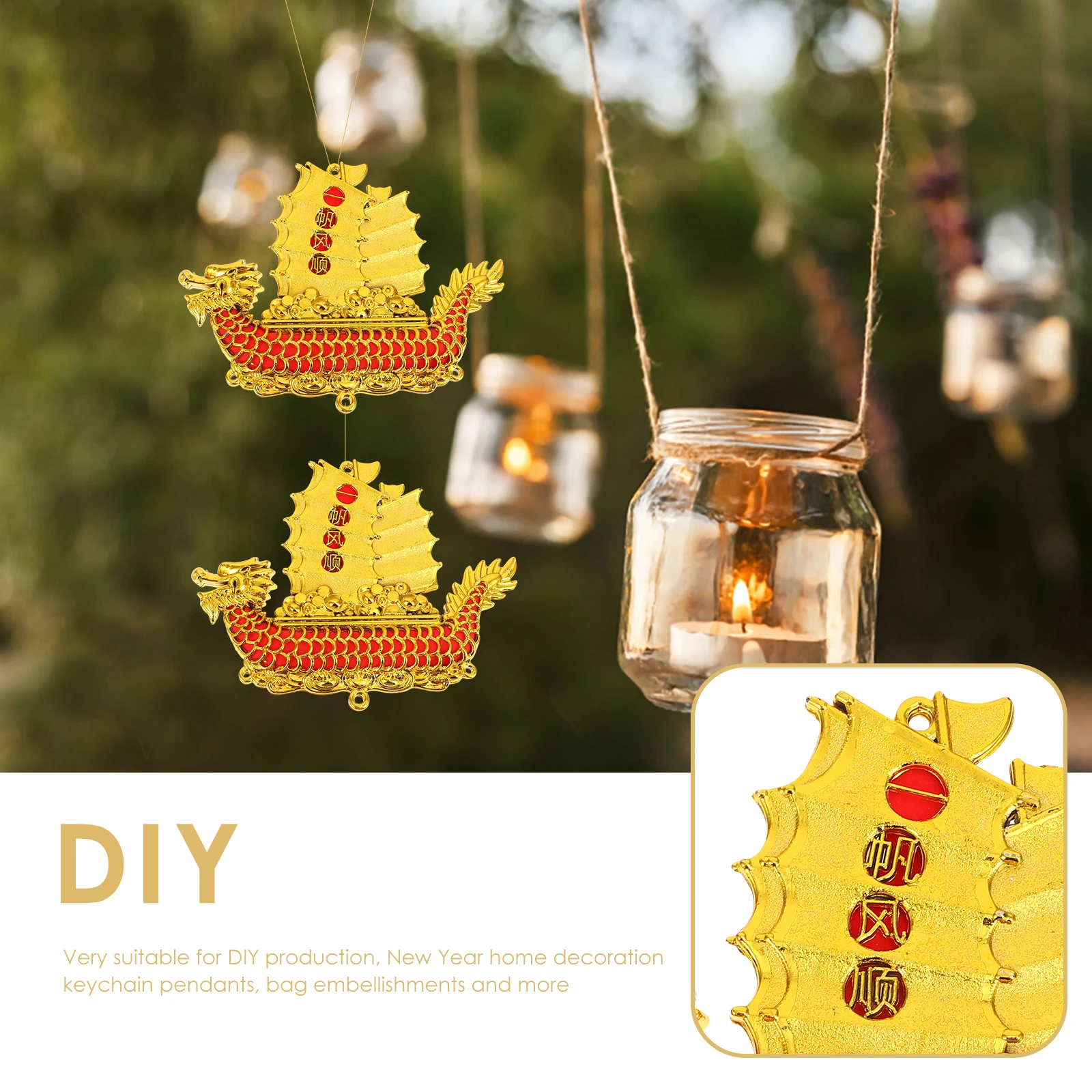 

2Pcs Dragon Boat Pendant Set Gold Plated Plastic Ornament for Living Room Bedroom Festival Decor DIY Accessories