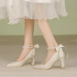 Woman Footwear Beige Pearl Wedding Bride Shoe High Heels Pointed Toe Block Heel Shoes for Women Non Slip Fashion Chic High Heels