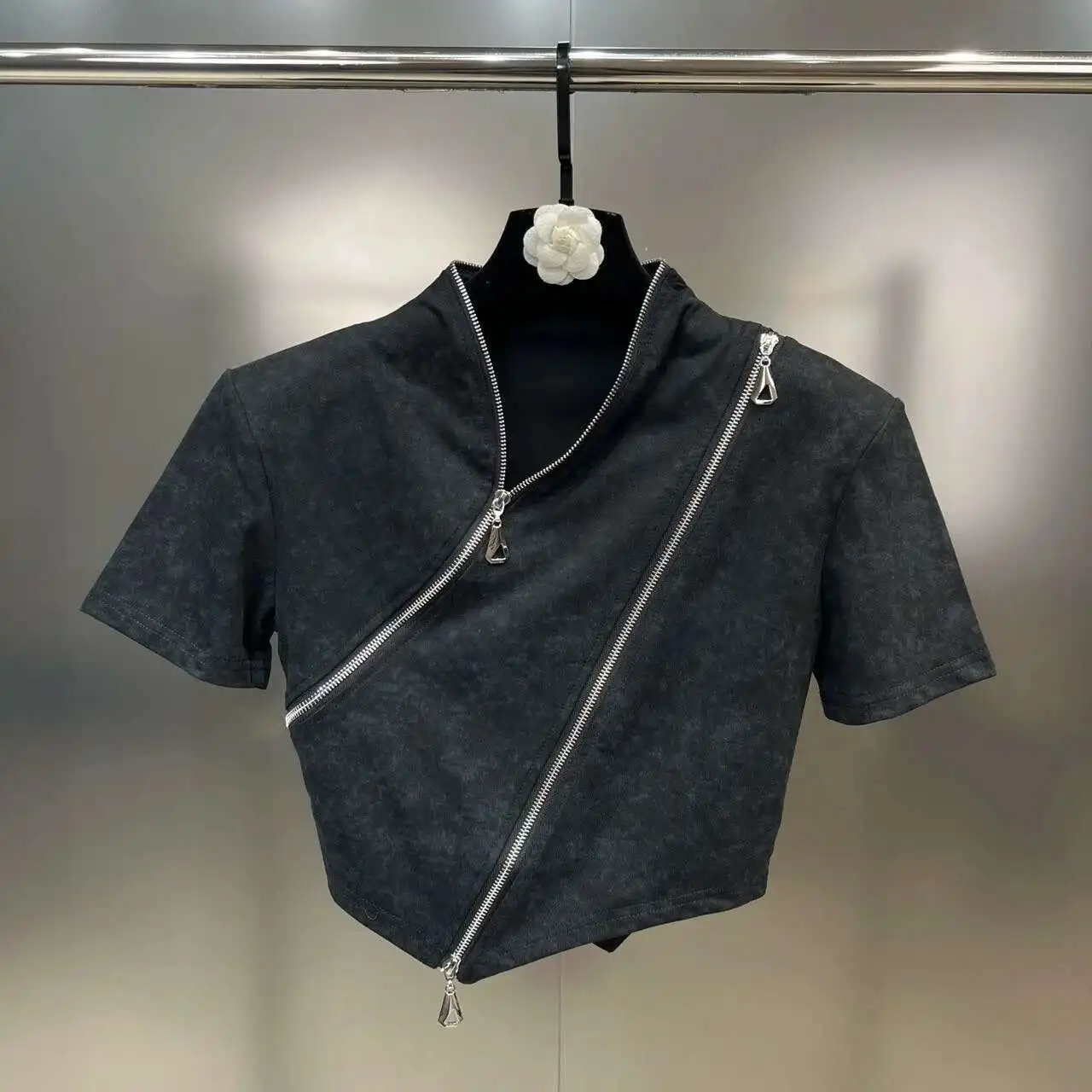 DEAT Chic Personality Zipper Designer T-shirt Women's V-neck Elastic Short Sleeve Sports Tops Female 2023 Summer New 11XX3228 S07f3bd077bce4d3d84205e078cbe5084c
