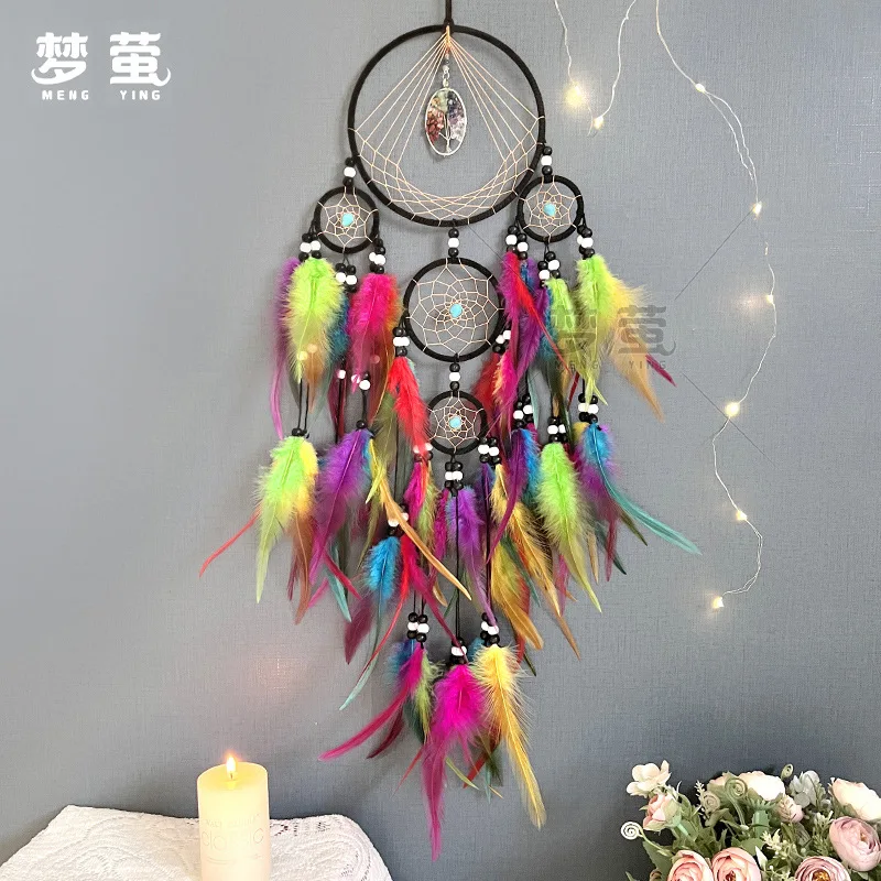 

Colorful Native American Dreamcatcher, Large Wind Chime with Natural Crystal, Feather Home Decor Hanging, Boho Ornament