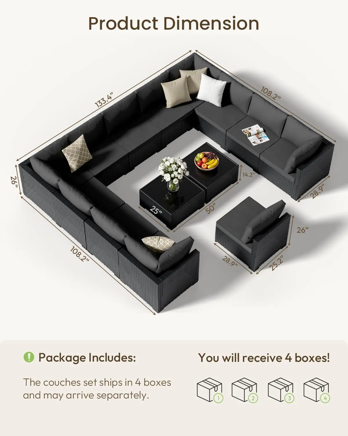 Patio Furniture Set, All-Weather 14 Piece Patio Outdoor Conversation Set, Modular Wicker Rattan Sectional Sofa for Backyard