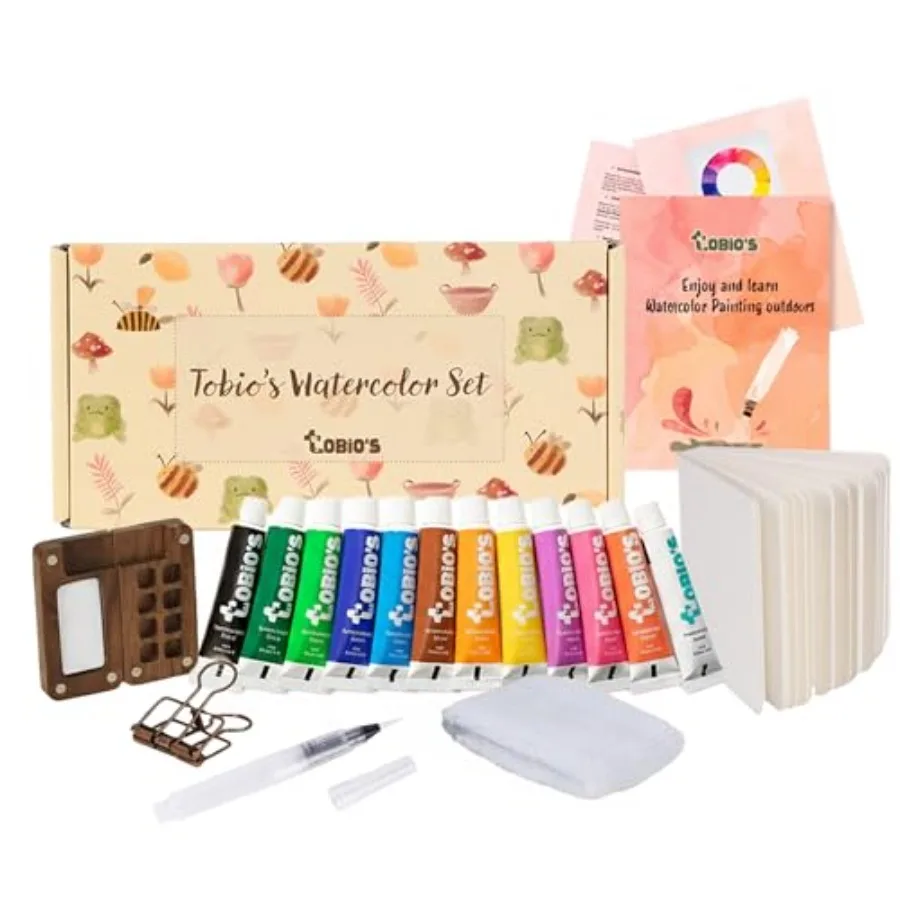 Original Mini Wooden Watercolor Paint Set Compact Travel Art Kit with 12 Colors Refillable Brush and Sketchbook Unique Creative