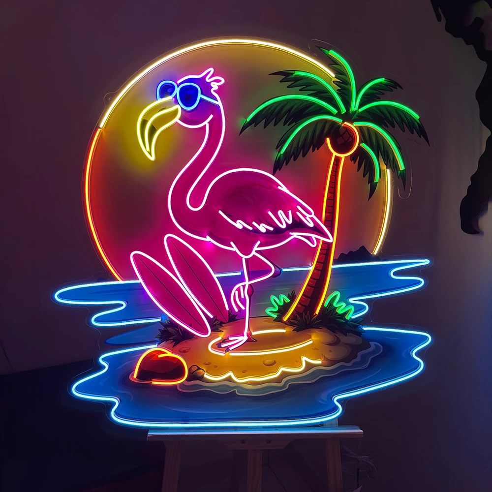 Flamingo Summer Neon Signs Waterproof Flamingo Palm Tree Tropical Neon Sign Pool Bar Decoration Outdoor Oasis Led Neon Light