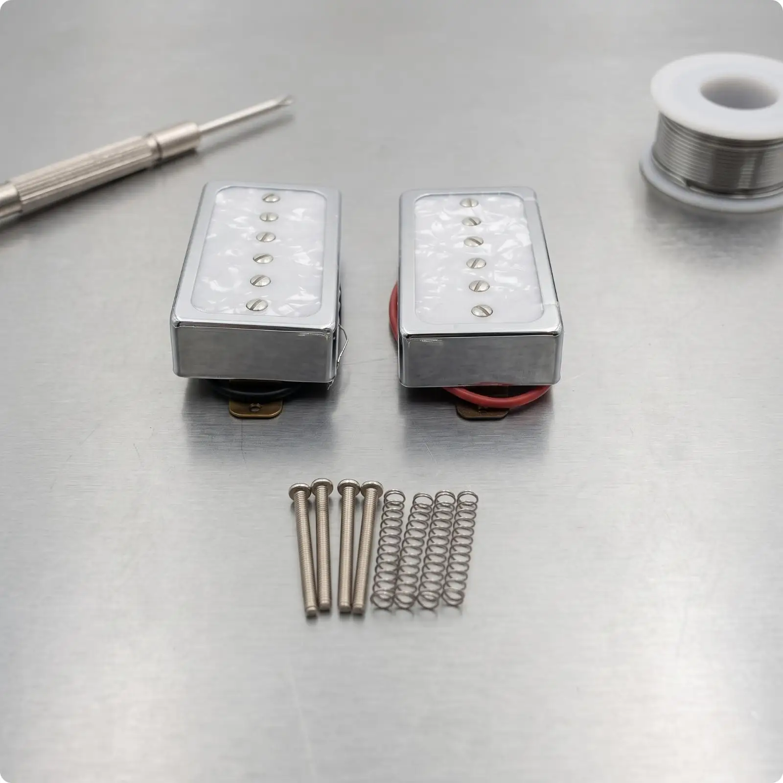 Guitar Pickup Duo for Set Neck Electric Guitar with White Pearl Look Chrome Rectangular Covers and Screws