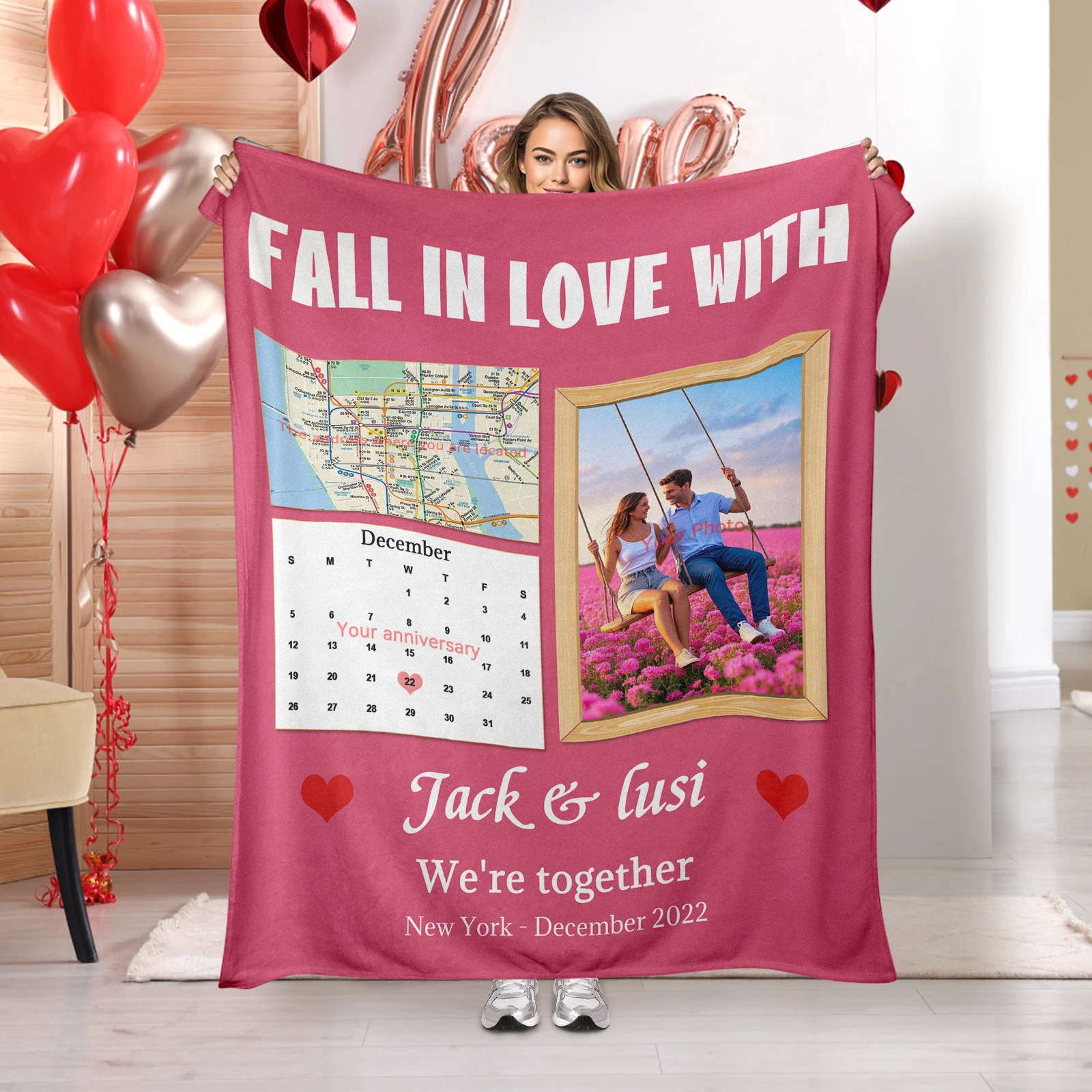 

Valentine's Day Heart Flannel Blanket With 3 Images And 4 Texts, Soft And Romantic For Couples And Lovers