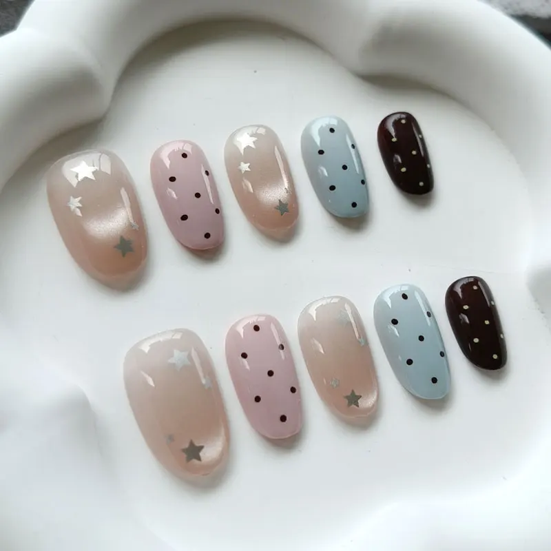 10 Stück Süße Niedliche Vergoldete Polka Dot Sterne Kurze Mandel Wiederverwendbare Nagelkunst Französischer Stil Katzenaugen-Nagelaufkleber Aufklebnägel – Detail 13