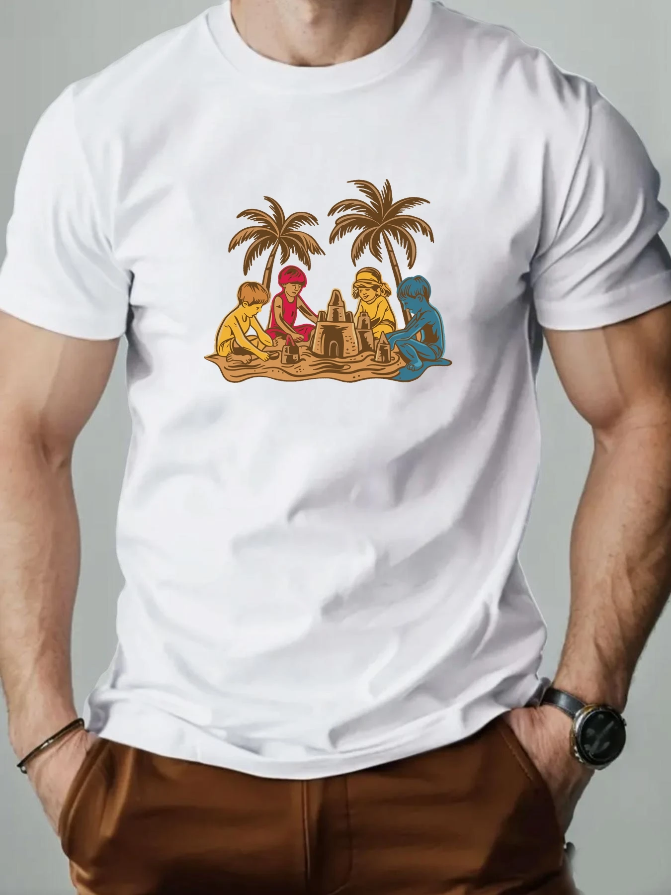 

Men's T-Shirt Cartoon Beach Pattern Printed Fashion Leisure Sports Men's Round Neck T-shirt High Quality Men's Clothing Tee Top