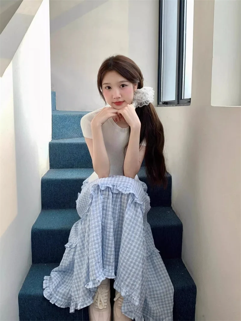 2025 Duży rozmiar damski letni nowy przedmiot, gruba mm francuska słodka koronkowa spódnica w kratę z temperamentem, długa spódnica z wysokim stanem dla kobiet