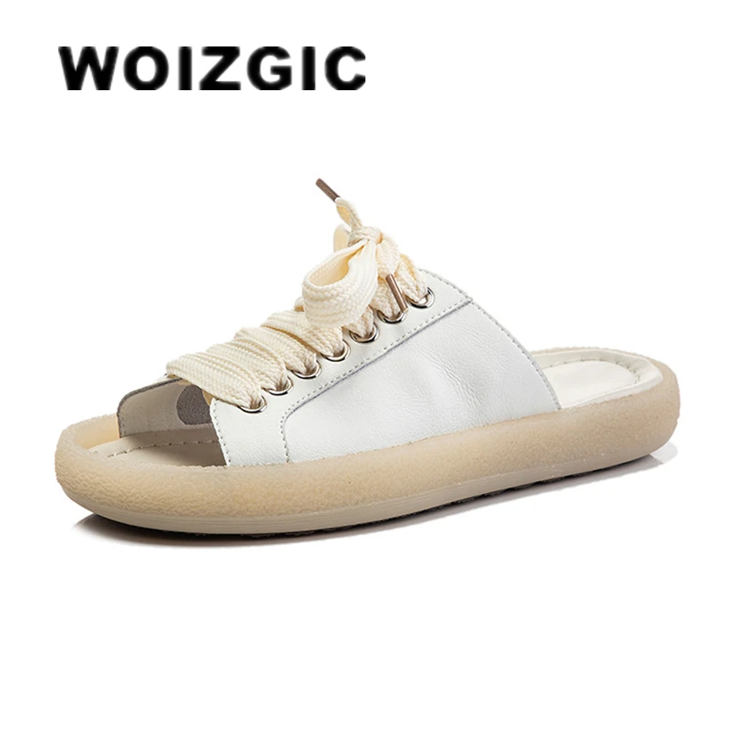 

WOIZGIC Women's Female Ladies Woman Genuine Leather Shoes Sandals Slipper Lace Slip On Summer Cool Beach Breathable Casual