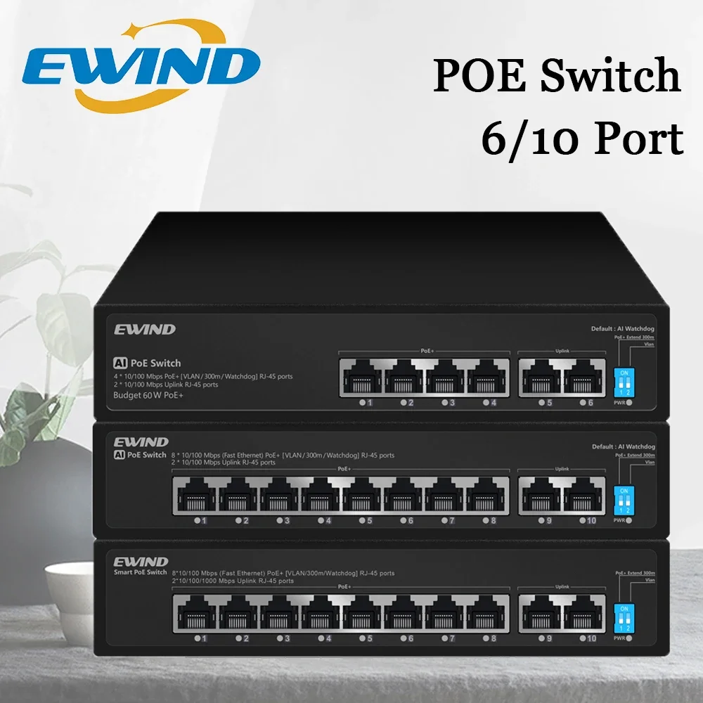 

EWIND 6/10 Port Poe Switch Network Switchs Supply Ethernet for IP Camera Wireless AP with Dial Code Switch,for NVR or cameras