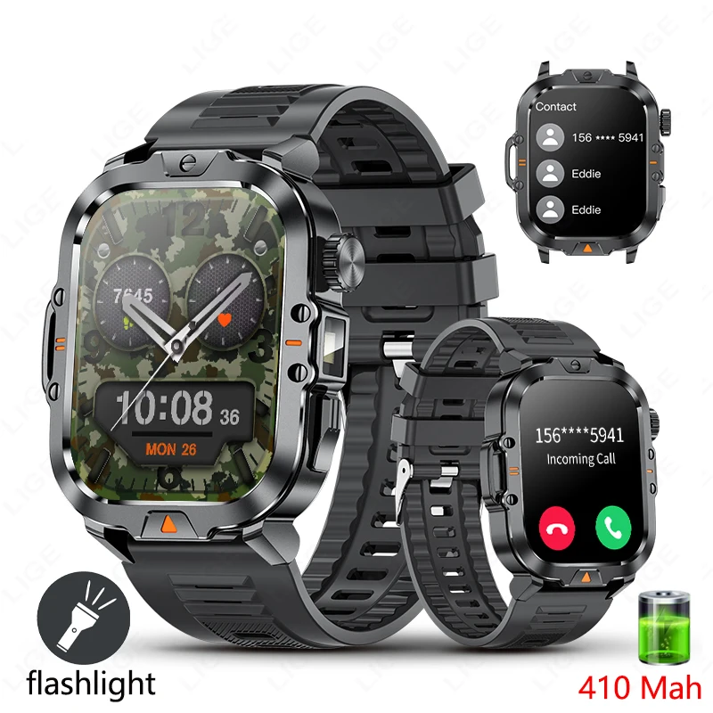 LIGE 2.01-inch HD Screen Men Smart Watch With Flashlight Outdoor Sports Men Watch IP68 Waterproof Health Monitor Call Smartwatch