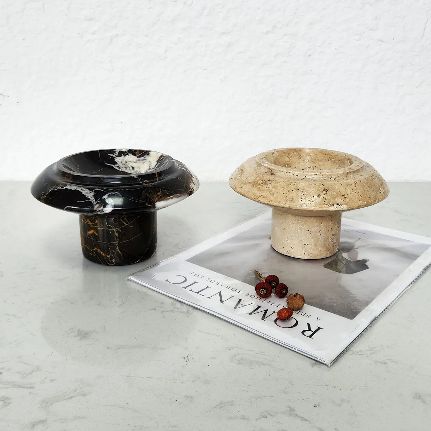 Plateau de service en marbre naturel en forme de champignon pour fruits