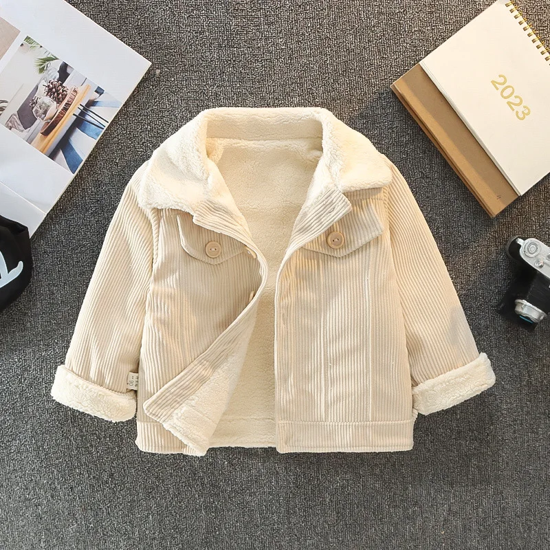 Infant Unisex Winter Warm Coat Retro Corduroy Fabric Fluffy Sherpa Lined Fleece Collar Button Front Kids Jacket