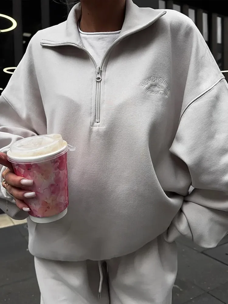 المرأة عادية الصلبة التلبيب الأعلى بدل رجالي موضة سحاب أكمام طويلة فضفاض البلوز الرباط السراويل سيدة 2025 ملابس رياضية جديد #6