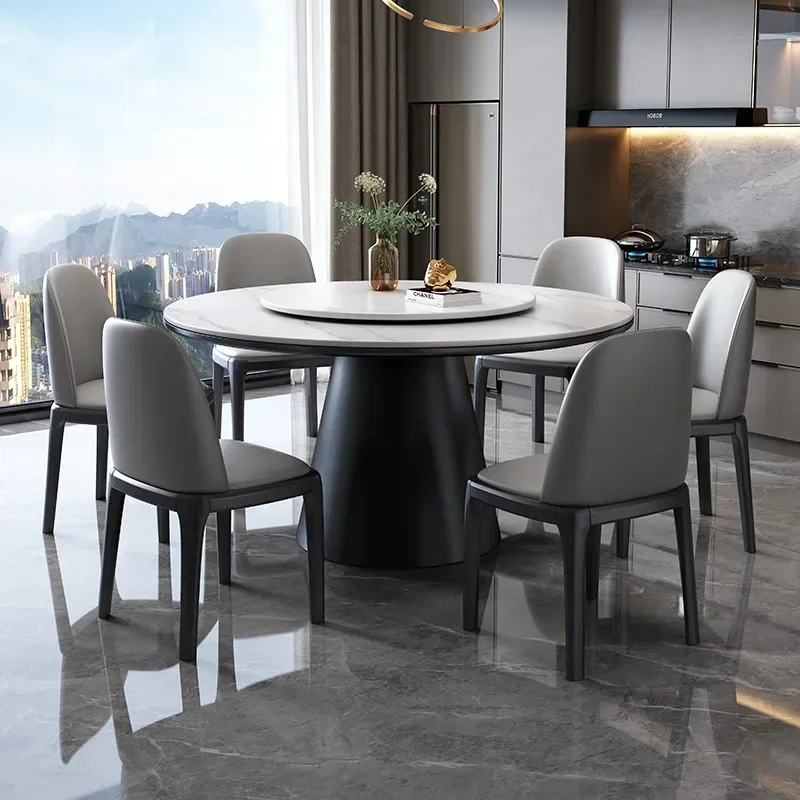 Simple light luxury small apartment with induction cooker bright rock slab dining table with turntable round table combination