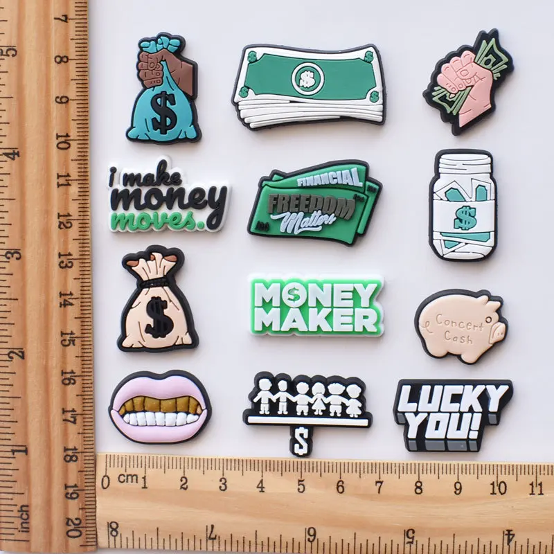 Money Wealth Theme Hole Shoe Charms Soft PVC Removable Clog Shoe Buckles, Cartoon Cash DIY Sandal Decor Teen Hip Hop Trend Gift