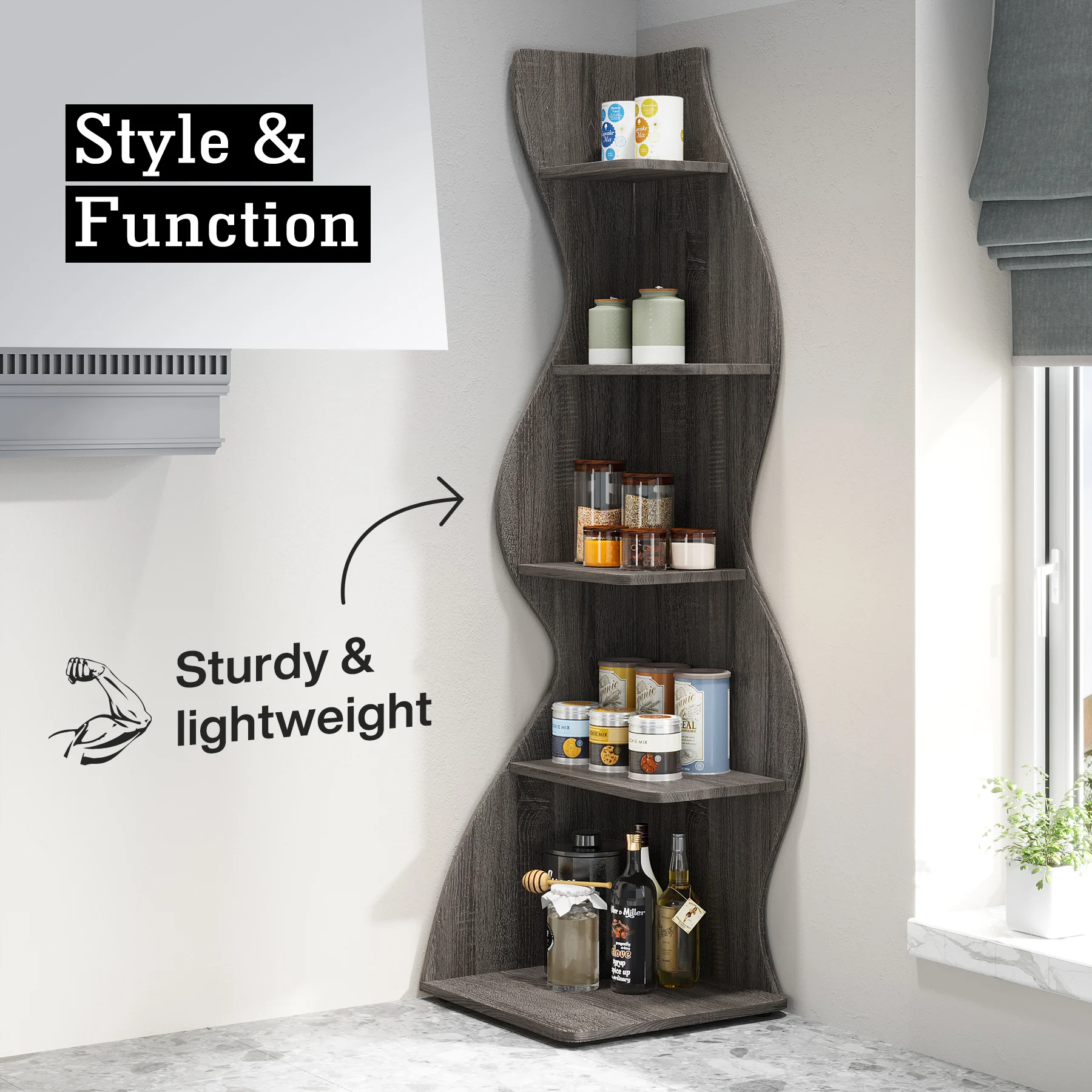 Tribesigns Corner Shelf, Modern 5-Tier Wall Corner Bookshelf, Stylish Corner Small Bookcase Storage Rack Plant Stand image 5