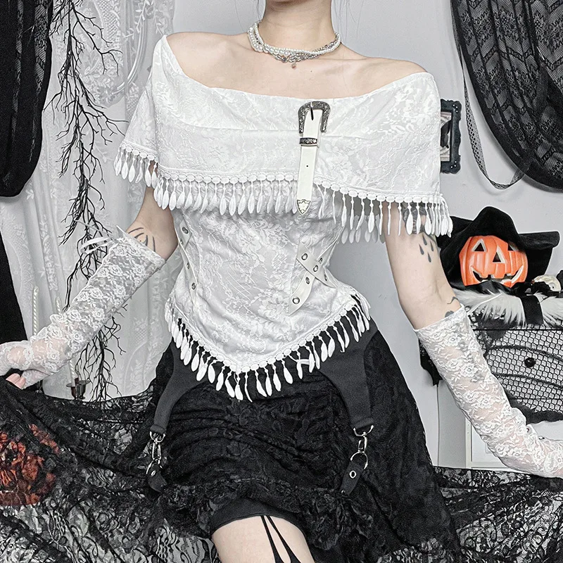 Goth Dark Elegant Fashion Tassels Off Shoulder Crop Tops 90s Grunge Bow  White T-shirts Gothic Techwear Cyber Y2K Outfits