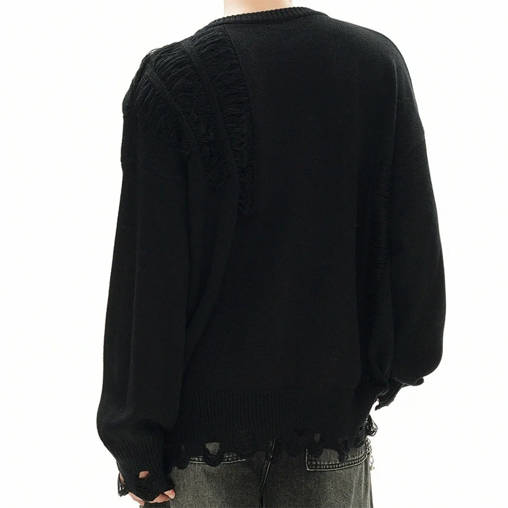 High Street Vintage Ripped Sweater Unisex Distressed Knitwear Pullover Dark Gothic Punk Loose Knit Top Black