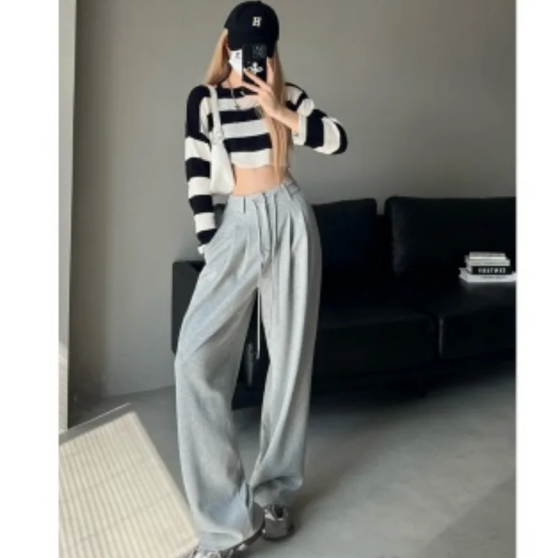 

Grey Sports Pants Women's High Waisted Wide Leg Straight Drawstring American Style Sanitary Pants New Summer Retro Casual Pants