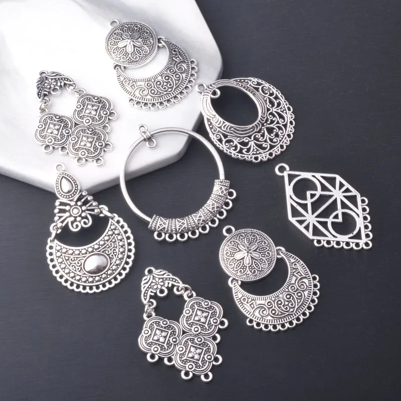 12 Stück/Set Böhmische Antik-Silberfarbene Übertriebene Ohrring-Verbinder Anhänger Schmuckzubehör mit vielen Löchern Charms DIY Damenohrringe – Detail 3