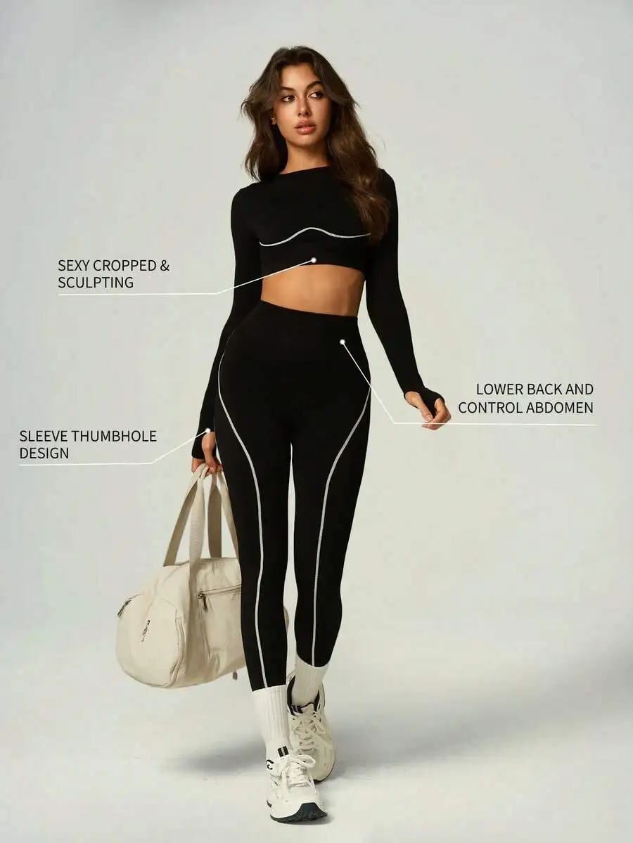 

Seamless Women 2 Piece Sport Set Long Sleeve Cropped Top With Thumb Hole High Waist Sculpting Leggings