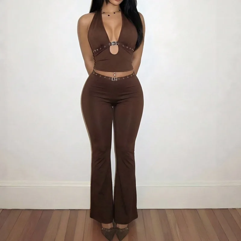 Women Y2k Grommet Patchwork Slim Fit 2 Piece Set Sexy V-neck Lace Up Halter Backless Tanks Top + Skinny Flare Pants Casual Suits
