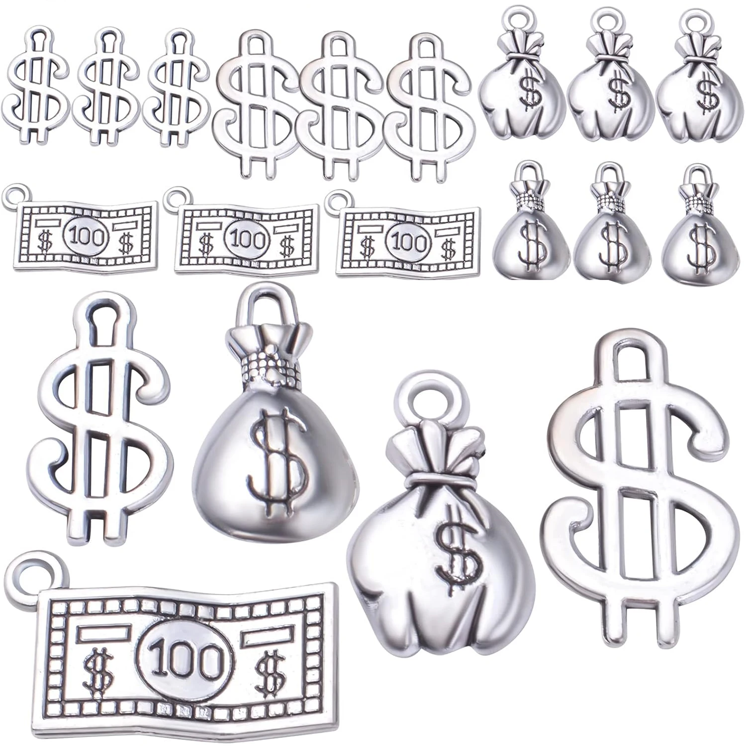 

50pcs Dollar Sign Charms Tibetan Alloy Money Bag Pendants 100 Dollars Bill Charms for DIY Bracelets Necklace Jewelry Making