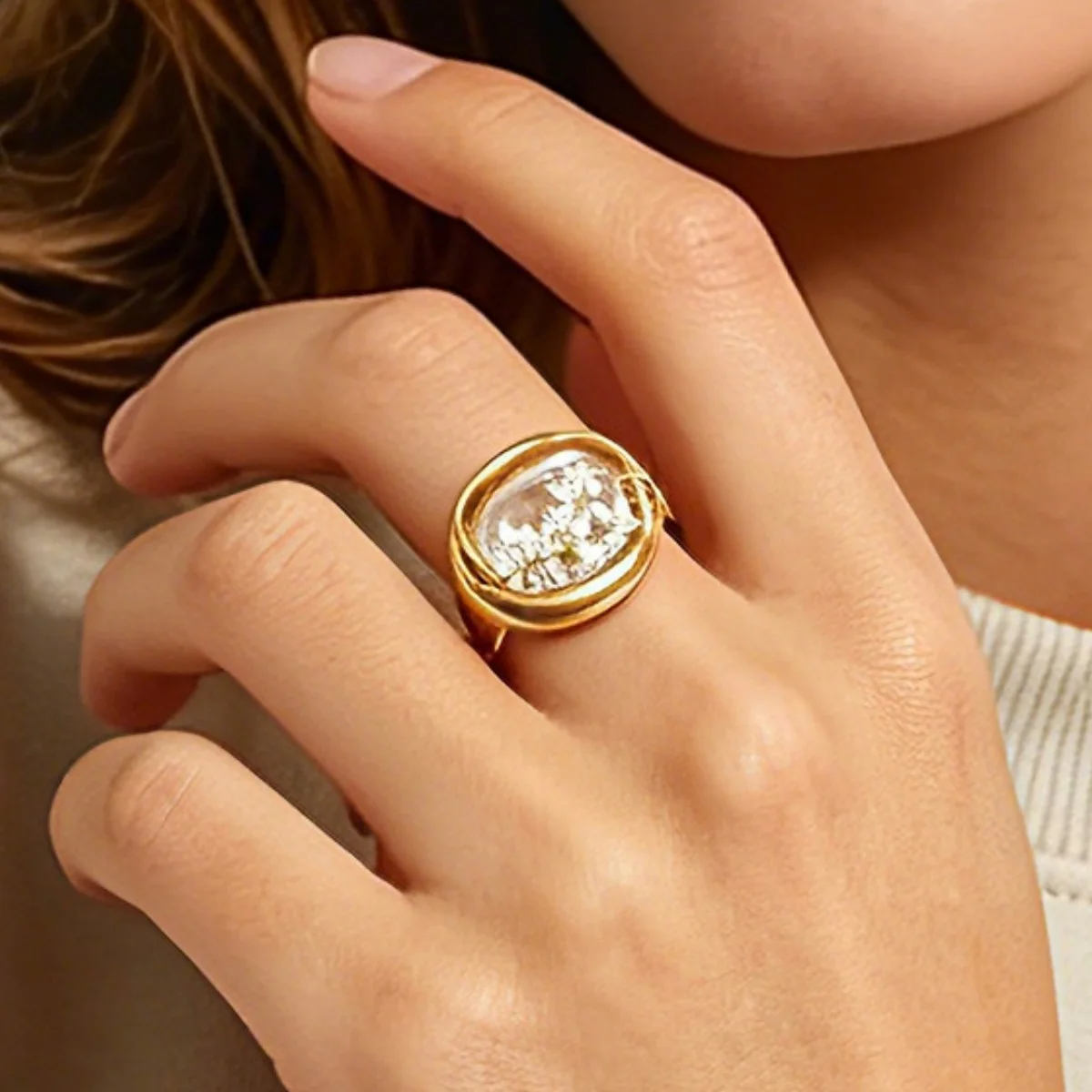 Elegante geometrische ovale Blumenringe für Frauen, goldfarben, Edelstahl, Öltropfen-Ring, Party, Hochzeit, Schmuck, Geschenk – Detail 9