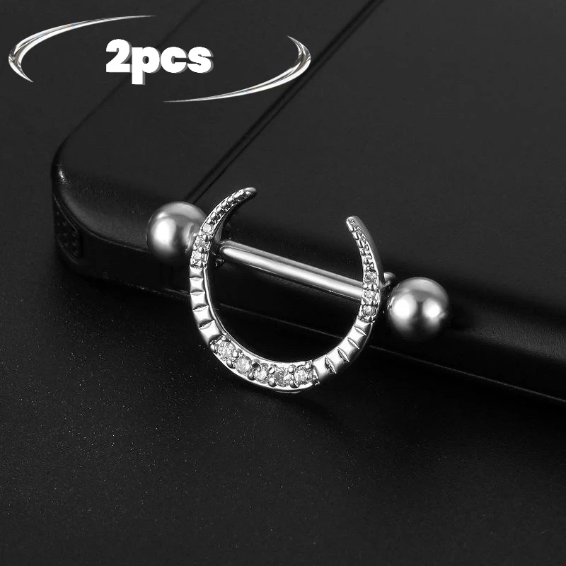 قطعتان من حلقات الحلمات التيتانيوم الجراحية - أثقال مستقيمة وشكل على شكل حرف U مستدير مع الزركون |   مجوهرات ثقب الثدي النسائية المثيرة
